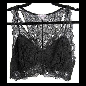 Fleur't Womens Black Lace Wirefree Racerback Lined Bralette Sz XL EUC